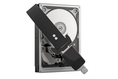 Hard Disk Drive HDD with safety belt. Security and protection concept, 3D r.. Stock Illustration