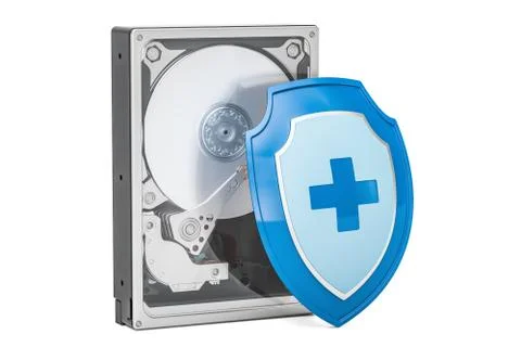 Hard Disk Drive HDD with shield. Security and protection concept, 3D renderin Illustrazione stock