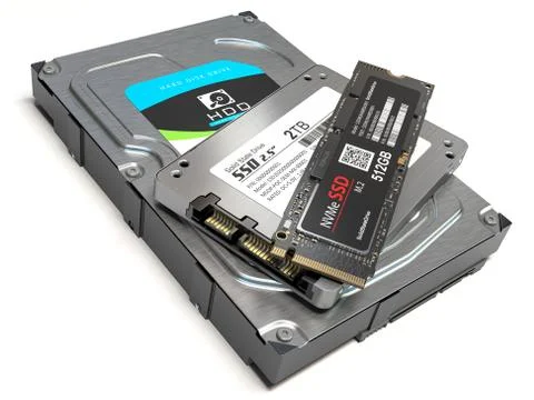 Hard disk drive hdd, solid state drive ssd and ssd m2 . Set of different data Stock Photos
