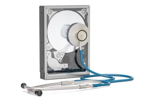 Hard Disk Drive HDD with stethoscope. Recovery and repair concept, 3D renderi Stock Illustration