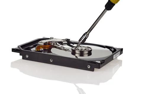 Hard disk drive internal components isolated on white background Stock Photos