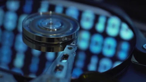 Hard Disk Drive, matrix screen in reflection. Stock Footage 77731499