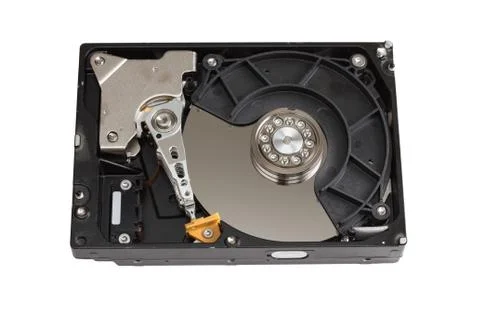 Hard disk drive open case isolated on white Foto stock