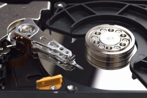 Hard disk drive open case closeup Stock Photos