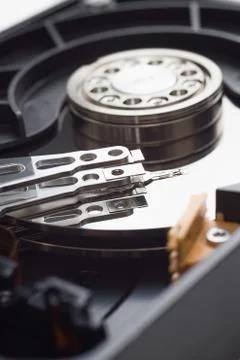 Hard disk drive open case closeup Stock Photos