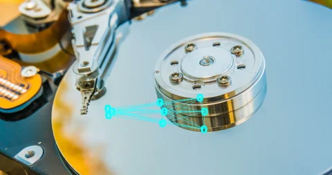 Hard disk drive with reflected in it the time-lapse of clouds, the concept of Stock Footage 101971153