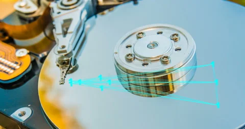 Hard disk drive with reflected in it the time-lapse of clouds, the concept of Stock Footage 101975342