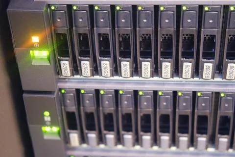 The hard disk error on the panel in the hdd server raid is indicated by a r.. Stock Photos