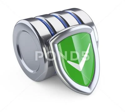 Hard disk icon with green protection shield. Database security concept. Stock Illustration