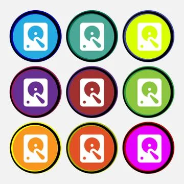 Hard disk icon sign. Nine multi colored round buttons. Vector 스톡 일러스트
