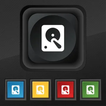 Hard disk icon symbol. Set of five colorful, stylish buttons on black texture fo Stock Illustration
