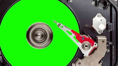 Hard drive close-up showing spinning disk and read-write arm in detail Stock Footage 325037180