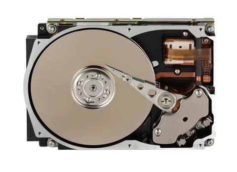 Hard drive for a computer or server without a cover on a white background. Foto stock