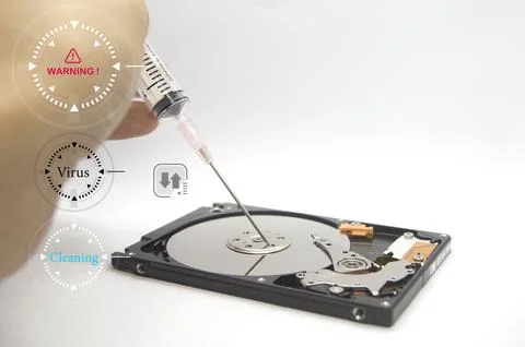 Hard drive, concept When data is attacked by computer virus, virus removal 스톡 사진