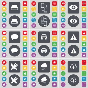 Hard drive, Connection, Vision, Chat bubble, Car, Warning, Fork and knife, Cloud Stock Illustration
