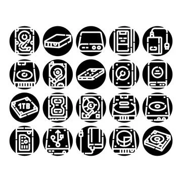 Hard drive data storage device glyph icons set 스톡 일러스트
