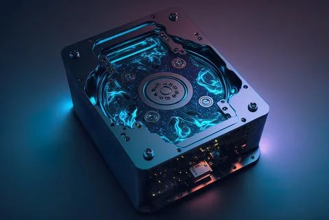 Hard drive with a high angle blue light. Generative AI Stock Illustration