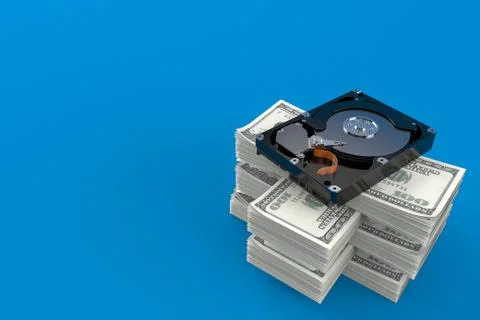 Hard drive on stack of money Stock Illustration