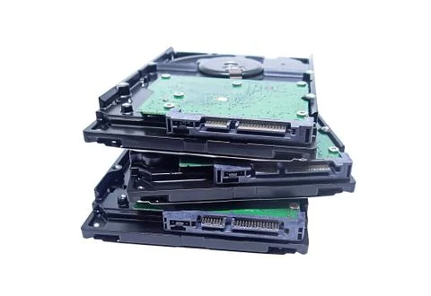 Hard drive stack of techno backgrounds on a white background isolated Stock Photos