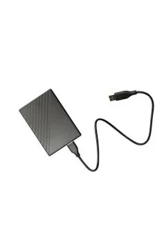 Hard drive for storing memory with USB cable isolated on white background Stock Photos