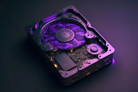 Hard drive in top view with purple light. Generative AI Stock Illustration