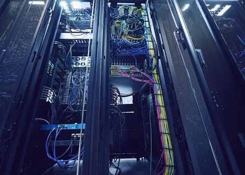 Hard drives and cables in data center Stock Photos