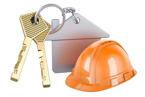 Hard hat and Home key with keychain, 3D rendering Stock Illustration