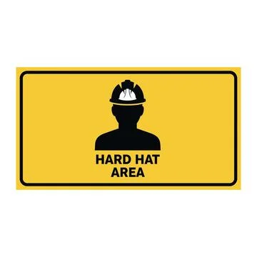 Hard hat area warning sign with worker silhouette on yellow rectangle Illustrazione stock