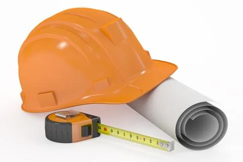 Hard hat with blueprint and measuring tape, 3D rendering Stock Illustration