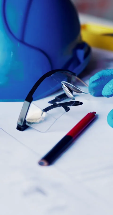 Hard hat, construction and blueprint on table with safety documents, Stock Footage 336845533