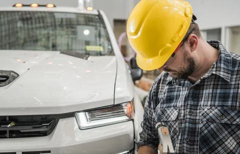Hard Hat Construction Site Worker in Front of Pickup Truck Stock Photos