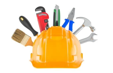 Hard hat with construction tools, 3d rendering Stock Illustration