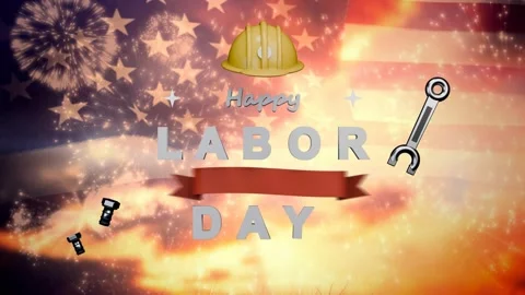 Hard hat dropping, composite assembling on flag backdrop, letters sliding, Stock Footage 340674902