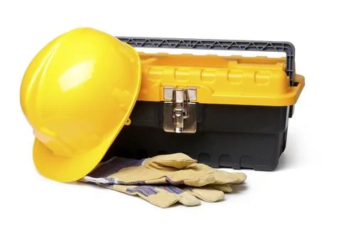 Hard Hat, Leather Gloves and toolbox isolated on white Stock Photos