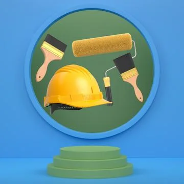 Hard hat, paint brushes and roller brush floating in air over podium on abstract Ilustración de archivo
