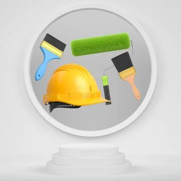 Hard hat, paint brushes and roller brush floating in air over podium on abstr Stock Illustration