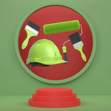 Hard hat, paint brushes and roller brush floating in air over podium on abs.. Stock Illustration