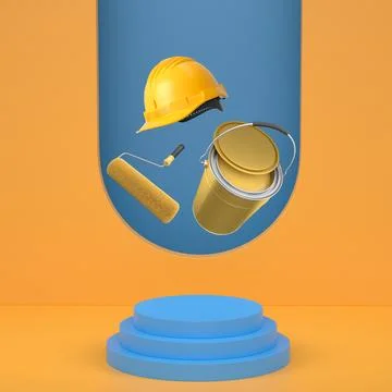 Hard hat, paint bucket and roller brush floating in air over podium on abstra Ilustración de archivo