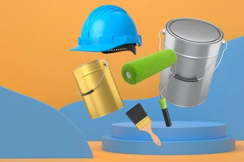 Hard hat, paint bucket and roller brush floating in air over podium on abstract Stock Illustration