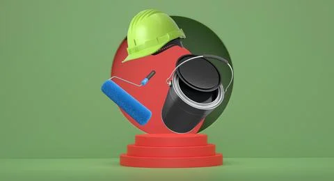 Hard hat, paint bucket and roller brush floating in air over podium on abst.. Stock Illustration