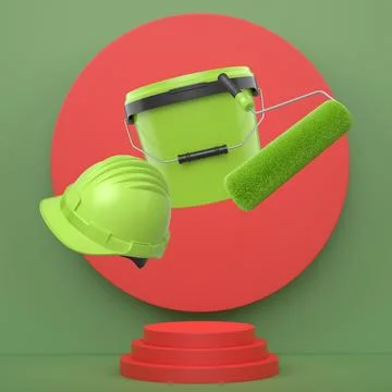Hard hat, paint bucket and roller brush floating in air over podium on abstra Stock Illustration