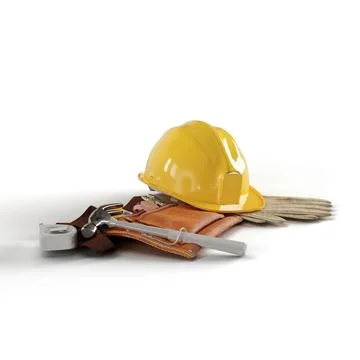The hard hat sits on top of tools and hammers, 3d rendering Stock Illustration
