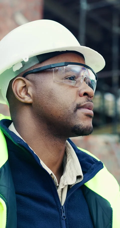 Hard hat, thinking and visor with black man on construction site for engineering Stock Footage 336804456