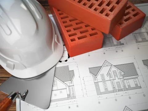 Hard hat, trowel and bricks on the drawings with construction plans. Engineer Stock Illustration