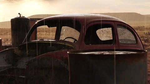 Hard Rain Junkyard 1 Stock Footage 61734958