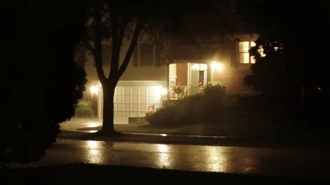 Hard Rain in the night with lightning in the suburbs Stock-Footage 81195625