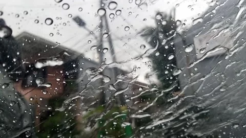Hard rain water drops on transparent umbrella shot close up from frog view Video stock 144581777
