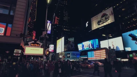 Hard Rock Cafe- Times Square NYC- Crowds Crossing Street at Night Stock Footage 101308670
