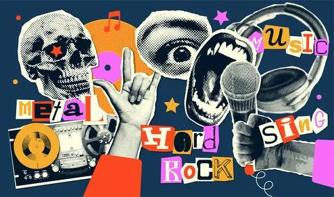 Hard rock set of halftone collage elements on the theme of metal singing, grunge Stock-Illustration