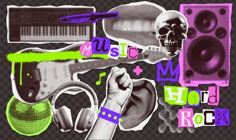 Hard rock set of torn out paper halftone collage elements on the theme of metal Stock Illustration